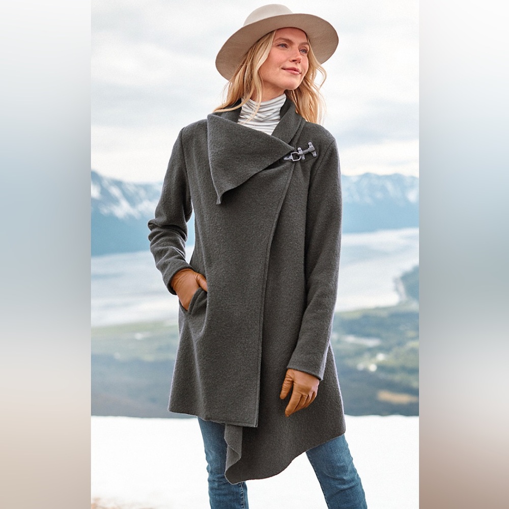 Garnet Hill, Asymmetrical Boiled Wool Coat, SIZE 14P, Color Graphite Grey